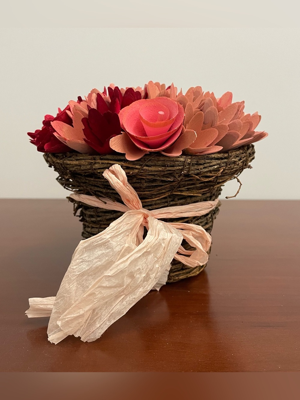Valentine’s Day Carved Wooden Red and Pink Flowers in Grapevine Basket